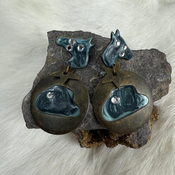 Vintage Jewelry - Vintage Enamel Copper Horse Cowboy Southwestern Dangle & Drop Earrings